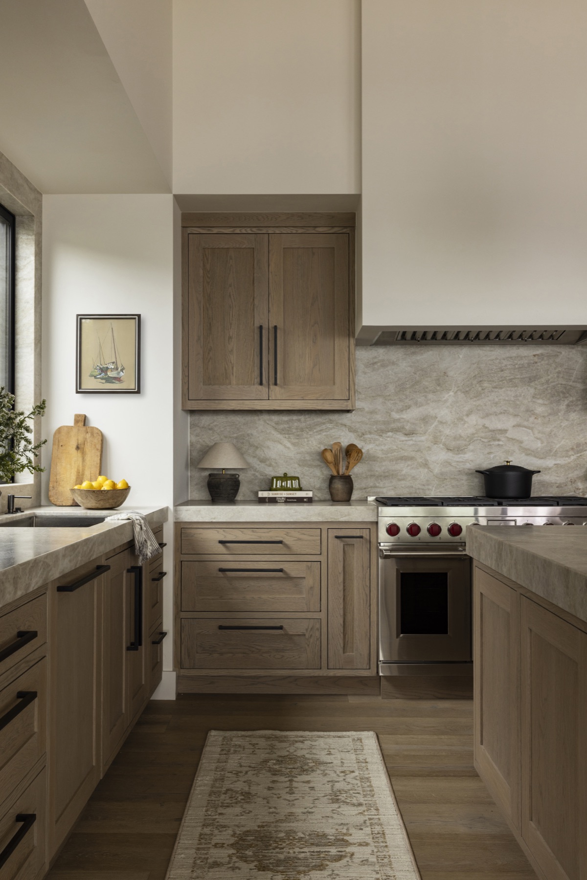 Coastal Urban, the range wall with a stone slab backsplash