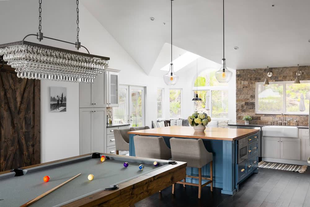 Modern Bungalow, the great room: game room and custom kitchen under one vaulted ceiling.